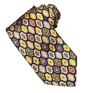 Italo Ferretti Black Yellow Pink Batik Print Silk Tie 3.5" Made in Italy